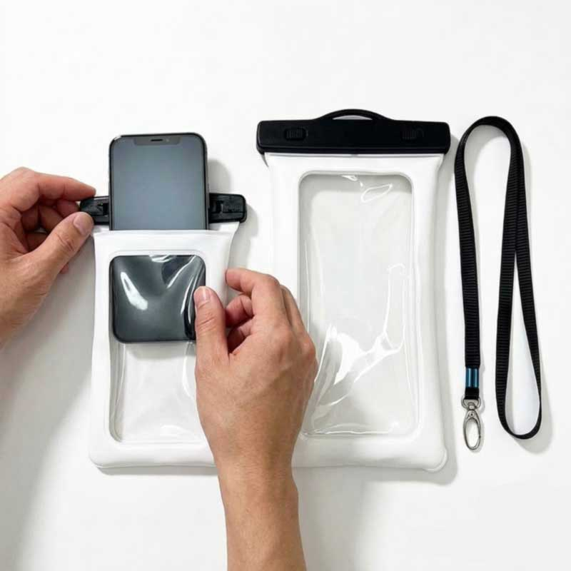 Phone being removed one-handed from a clear waterproof pouch beside a second size