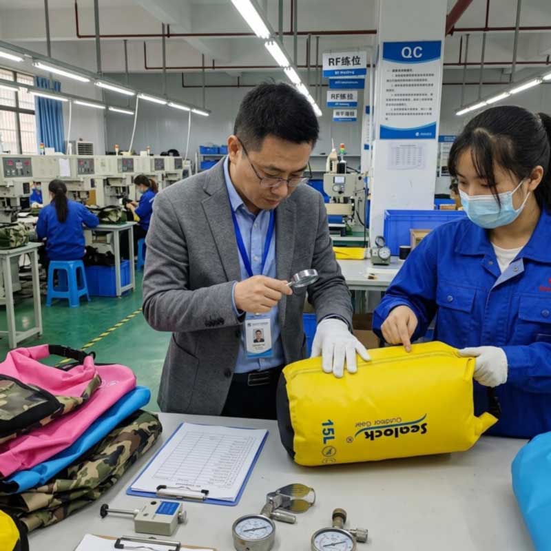 Buyer inspecting welded seams on a dry bag inside a waterproof bag factory