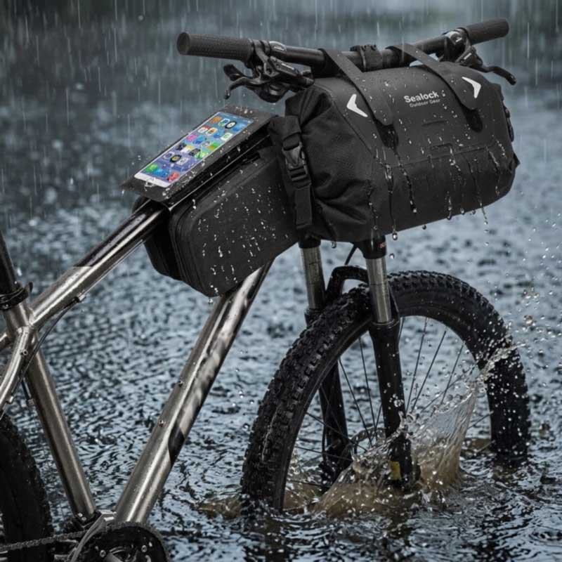 Bike on a wet road with tire spray hitting a frame bag and handlebar bag
